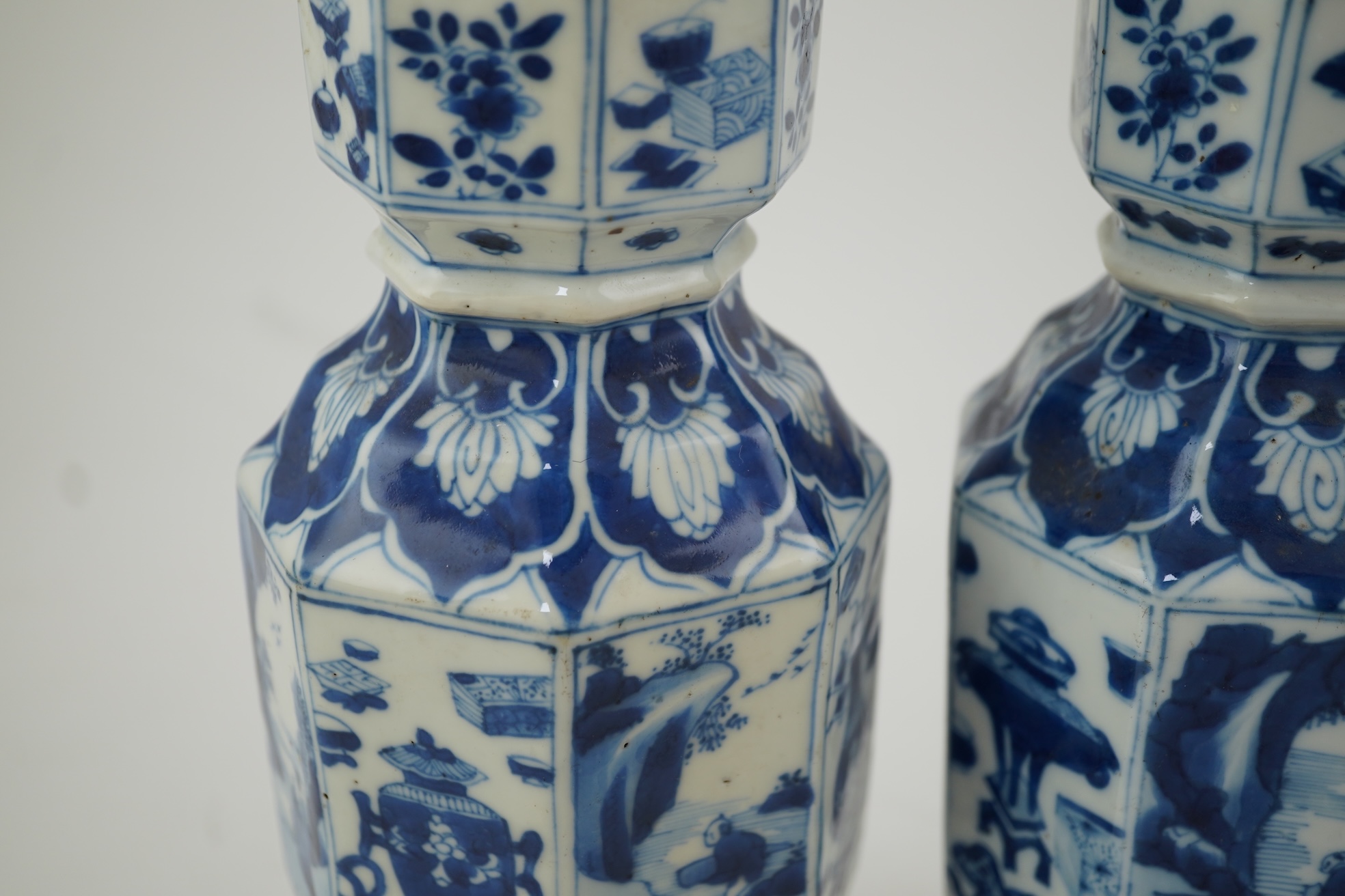 A pair of Chinese blue and white octagonal vases, Kangxi period